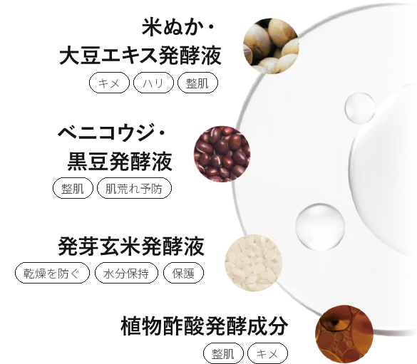 米ぬか・大豆エキス発酵液・ベニコウジ・黒豆発酵液・発芽玄米発酵液・植物酢酸発酵成分